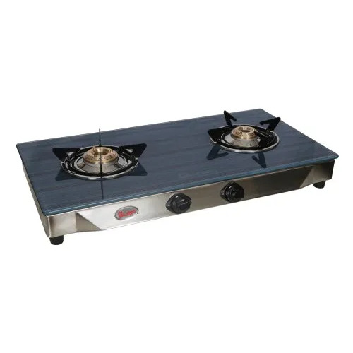 2 Burner Glass Top Gas Stove - Brass Burners, Manual Ignition, LPG Compatible | Filter Less Design, Knob Control