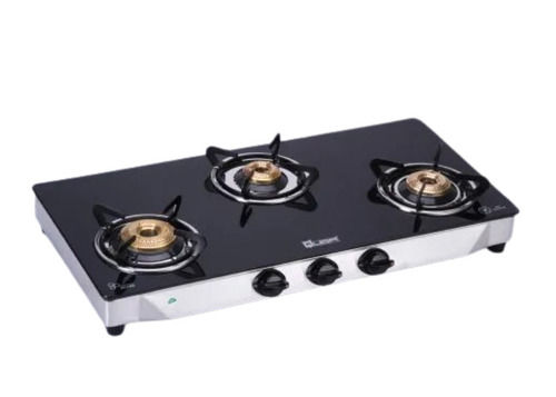 3 Burner Black Glass Gas Stove - Stainless Steel, 770x380mm Dimensions | Manual Ignition, LPG Gas Type, 5.5kg Weight