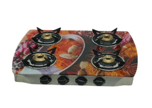 Four Burner Brass Top Gas Stove - Manual Ignition, LPG Gas Compatibility | Filter Less Design, Stainless Steel Body