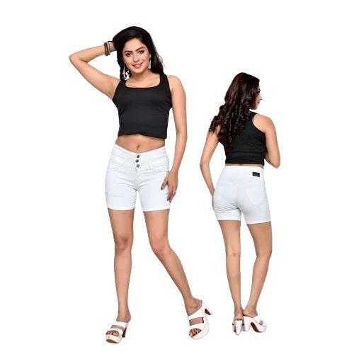 Premium Cotton Ladies Denim Shorts - Classic Blue High Waist Design Stretchable Fabric Frayed Hem Casual Look