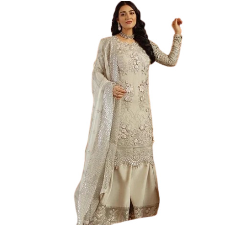 Traditional Ladies Suits - Embroidered Georgette White Full Sleeve Round Neck | Washable No Fade Perfect for Party Wear
