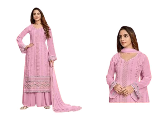 Embroidery Designer Suit - New, Regular Fit , Pink Georgette with Full Sleeves | Light Weight, Breathable, 100% Pure, Dry Clean Only