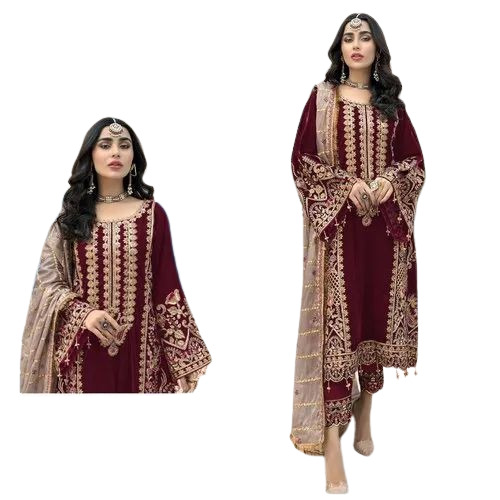 Georgette Embroidery Salwar Suit - 100% Breathable, Light Weight | Maroon Color, Regular Fit, Full Sleeves, Dry Clean Only