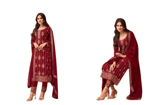 Georgette Salwar Suits - Customized Size, Maroon Color | Light Weight, Breathable, Full Sleeves, Embroidered Design for Party Wear