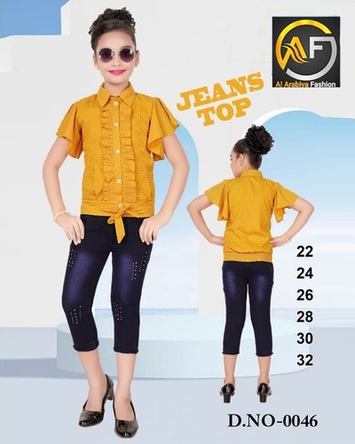 Kids Girls Stylish Jeans With Coordinating Top Set - Washable Modern Design Available for Ages 5 to 15 Various Colors Short Sleeves Plain and Printed Patterns