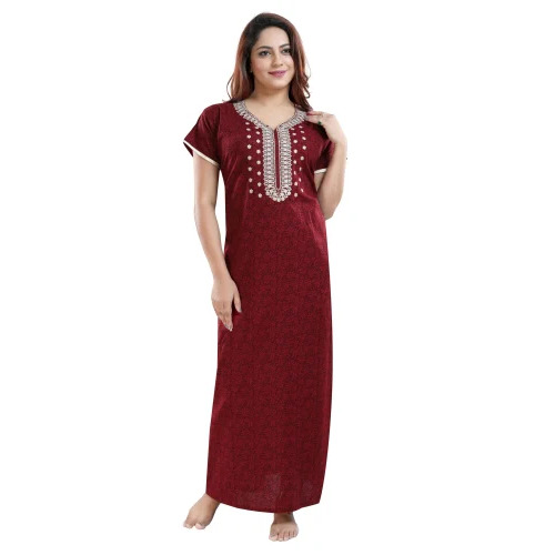 160 GSM Ladies Embroidery Cotton Nightgown - Free Size, Maroon Color | Short Sleeves, V Neck, Regular Fit, Machine Washable, Ideal for All Seasons