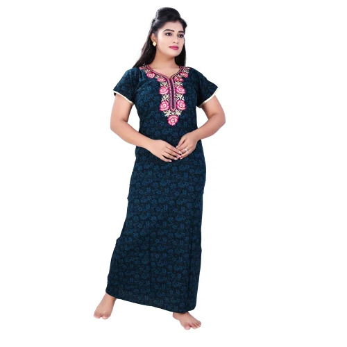 170 GSM Ladies Embroidery Cotton Nightgown - Free Size, Regular Fit, Half Sleeve, Round Neck, Blue | Perfect for Spring and Summer Night Wear