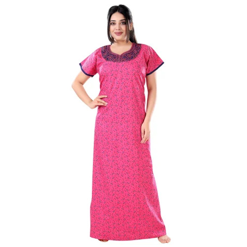 90 GSM Ladies Pink Printed Cotton Nightgown
