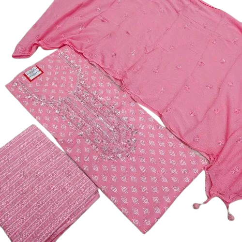 Cotton Unstitched Suit Material - 2.5 Mts, Pink Color with Handwork Embroidery, Lightweight and Breathable for Party Wear