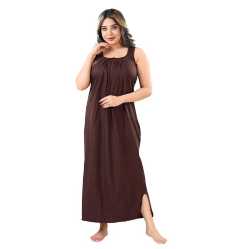 Ladies Brown Cotton Nightgown - 120 GSM, Round Neck, Sleeveless | Machine Wash, Plain Pattern, Ideal for Spring and Summer Wear