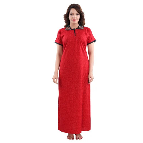 Ladies Collar Embroidery Cotton Nightgown - Soft Breathable Fabric, Vibrant Red Color, Short Sleeves, Elegant Embroidery Design, Perfect for All Seasons