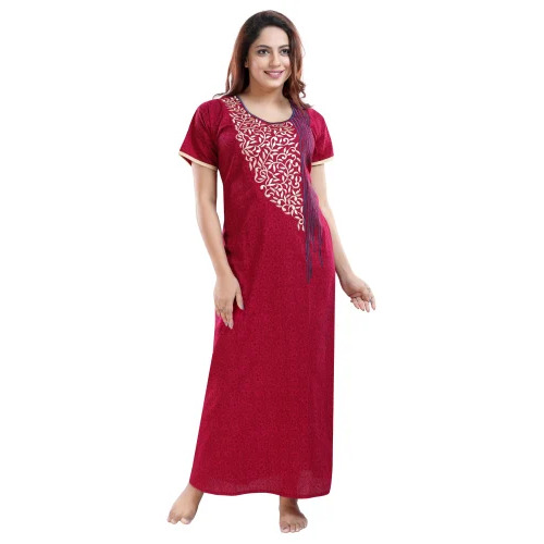 Ladies Dark Red Embroidery Cotton Nightgown - Pattern: Embroidered