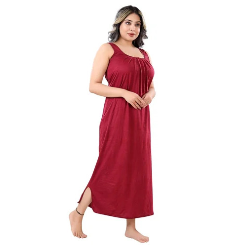 Ladies Cotton Nightgown - Free Size, Bright Maroon Color | Soft Fabric, Comfortable Fit, Machine Washable
