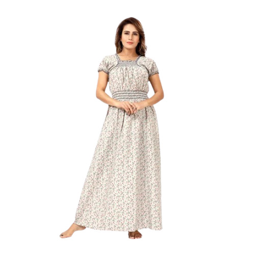 Ladies Off White Cotton Night Gown - Cotton, Free Size, Off White | Printed Design, Puff Sleeves, Square Neck, Machine Washable, Versatile for All Seasons