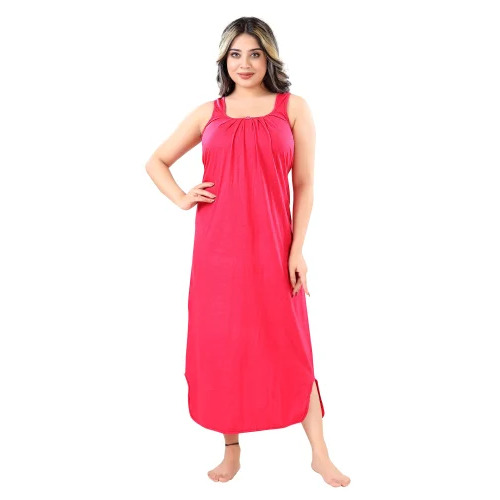 Ladies Pink Plain Cotton Nightgown - 188 GSM, Sleeveless Design | Comfortable to Wear, Vibrant Color, Perfect for Spring and Summer Nights
