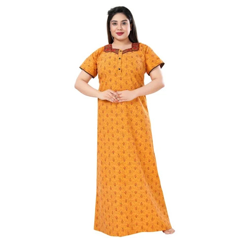 Ladies Cotton Nightgown - Short Sleeve, Printed Yellow Design | Summer Comfort, Custom Alterations Available, Breathable Fabric