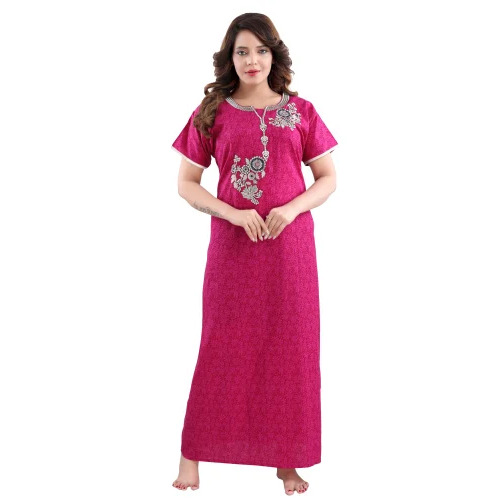 Ladies Printed Embroidery Cotton Nightgown - Free Size, 220 GSM, Bright Pink | Comfortable Short Sleeves for Spring and Summer Wear