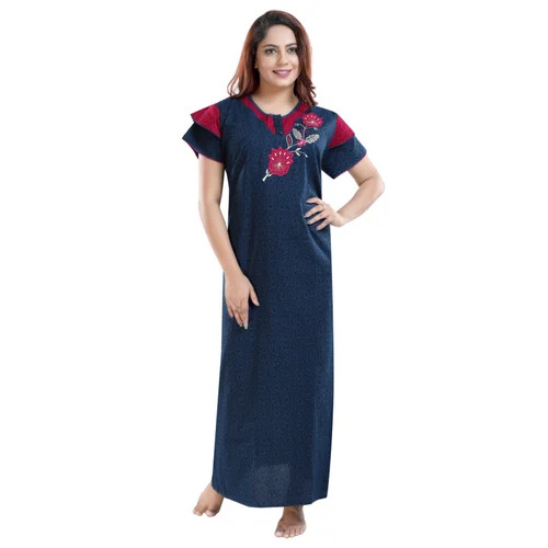 Ladies Resham Embroidery Cotton Nightgown - Free Size, Half Sleeve, Round Neck | Night Wear for Women, Embroidered Pattern, Comfortable for All Seasons