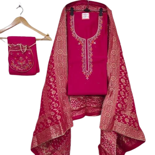 Unstitched Salwar Suit - 100% Silk, 2.5 Mts Length, Pink Color | Breathable, Handwork Embroidery, Perfect for Party Wear