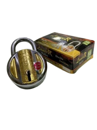 Bullet 56mm Padlock - Iron Material, 56mm Size, Golden Color | Suitable for Doors, Includes 3 Keys, Normal Shackle Type, Good Condition