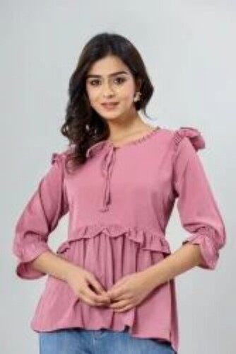 Casual Wear Woman Short Top - Woven Cotton Blend, XS-XL, Pink 3/4th Sleeves | Spring Fashion, Ribbon Closure, All-Occasion Style