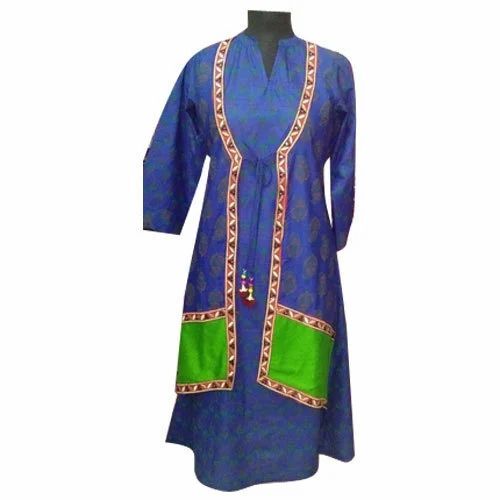 Cotton Anarkali Kurti - New, Very Good Quality, 100% Washable, Light Weight, Breathable | 3-4th Sleeve, Printed Pattern, Available in M, L, S, XL Sizes, Ideal for Party Wear, Elegant Blue Color