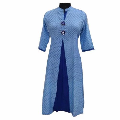 Cotton Kurti - Light Weight, Breathable, 3-4th Sleeve | 100% Pure Cotton, Printed Blue, Party Wear for Ladies