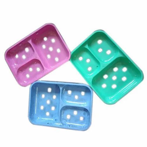 Plastic Soap Dish - 3 Compartment Design | Pink, Blue And Green Rectangular Shape, Good Quality