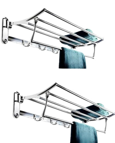 Folding Towel Rack - Polished Stainless Steel, Four Hook Design For Bathroom Use In Box Packaging