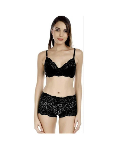 Ladies Black Bra & Panty Set - Lycra Cotton Size 28-42 | Plunge Neck Sleeveless Skin-Friendly Mid-Rise Boyshort 3/4th Coverage