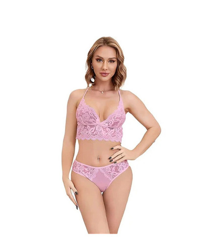 Ladies Mid-Rise Bra & Bikini Panty Set - Plunge Neck, 3/4th Coverage, Pink | Skin-Friendly, Breathable, Fade & Wrinkle Resistant