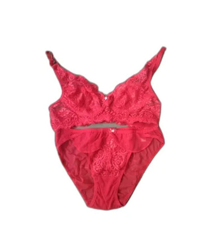 Ladies Net Bra & Mid-Rise Bikini Set - Non-Padded, Sizes 28-42, Red Color | Skin-Friendly, Breathable, 3/4th Coverage, Plunge Neck Design
