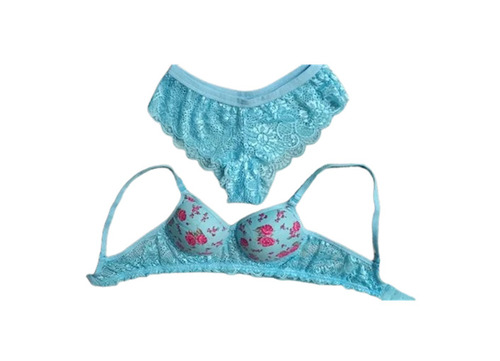 Ladies Printed Bra Panties - Net & Other Fabric, Size 28-42, Sky Blue | Regular Fit, Plunge Neck, 3/4th Coverage, Skin-Friendly & Breathable