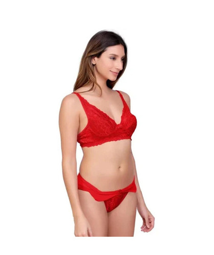 Ladies Red Bra & Panty Set - Plunge Neck, 3/4th Coverage | Skin-Friendly, Breathable, Mid-Rise Bikini Design