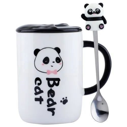 3D Panda Spoon Coffee Tea Mug - Ceramic, Round Shape | Microwave-Safe, Dishwasher-Safe, Lightweight, Food-Safe, Vibrant Black & White Colors, Comfortable Handle