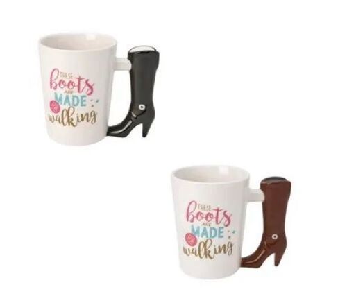 Ceramic High Heel Boots Shaped Handle Mug - 8.5x11.5x14 cm , White and Brown Ceramic, Microwave-safe, Dishwasher-safe, Stylish Heat-resistant Design with Lid Included