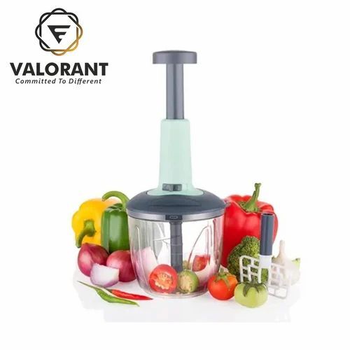 Plastic 1100ml Push Hand Chopper - Grey Plastic, Round Shape, 1100 ml Capacity | Stainless Steel Blades for Efficient Chopping