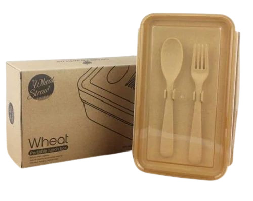 1000 Ml Wheat Fiber Lunch Box - Rectangle Shape, 2 Compartments | Beige Color, Good Quality Material