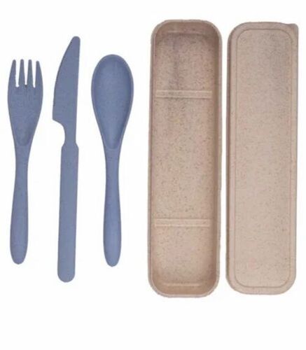 Wheat Fiber Cutlery Set - Material: Fiber, Color: Blue, Finish: Matt, Shape: Oval | Box of 3 Pieces for Home Use, Good Quality, New Condition