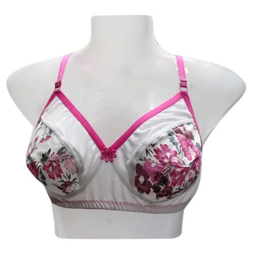 Ladies Printed Bra - Cotton Blend, White And Pink | Stylish Prints, Soft Fabric, Comfortable Fit, Breathable Material, Adjustable Straps, Underwire Support, Light Padding