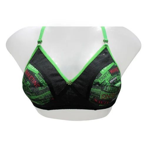 Ladies Printed Premium Bra - Cotton, Padded, Green and Black | Seamless Design, Durable Stitching, Stretchable Fabric, Hook-and-Eye Closure, Smooth Cups, Fade-Resistant Prints, No Chafing