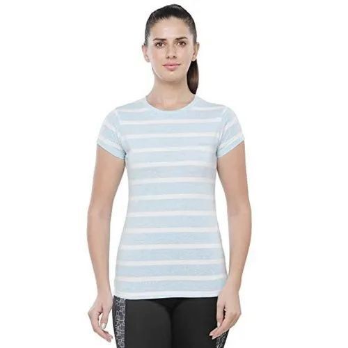 Premium Quality Light Blue Striped Cotton T-Shirt - Short Sleeves, Breathable Material, Classic Fit, Tag-Free Comfort