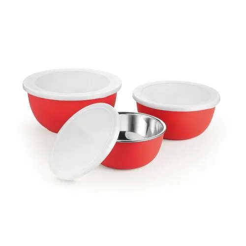 Red Plastic Coated Bowl Set - 20 Cm, Stainless Steel & Polished Finish, Durable Round Design For Home Use