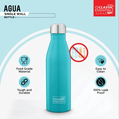 Classic Essentials Agua Stainless Steel Single Wall Water Bottles - 1000 ML, Multi-Color | Screw Cap, Round Shape, Durable Design