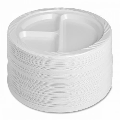 Round Disposable Serving Plate - Thermocol Material, Standard Size, White Color, 3 Compartments | Lightweight, Eco-friendly, Biodegradable, Heat And Cold Resistant, Ideal For Restaurants And Parties, 50 Pieces Per Pack
