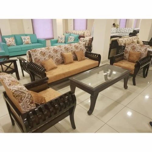 Wooden Sofa Set - 5 Seater, Velvet Seat, Modern Design, Brown Color | Designed for Optimum Comfort, Attractively Crafted in India