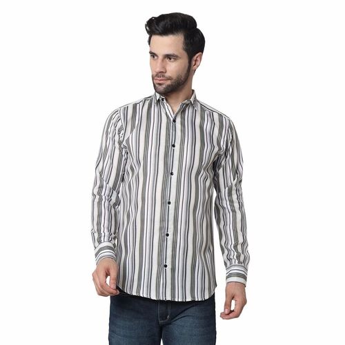 Casual Shirts - Cotton Customized Size White & Gray Stripes Full Sleeves | Classic Collar Anti-Wrinkle Breathable Quick Dry Machine Wash