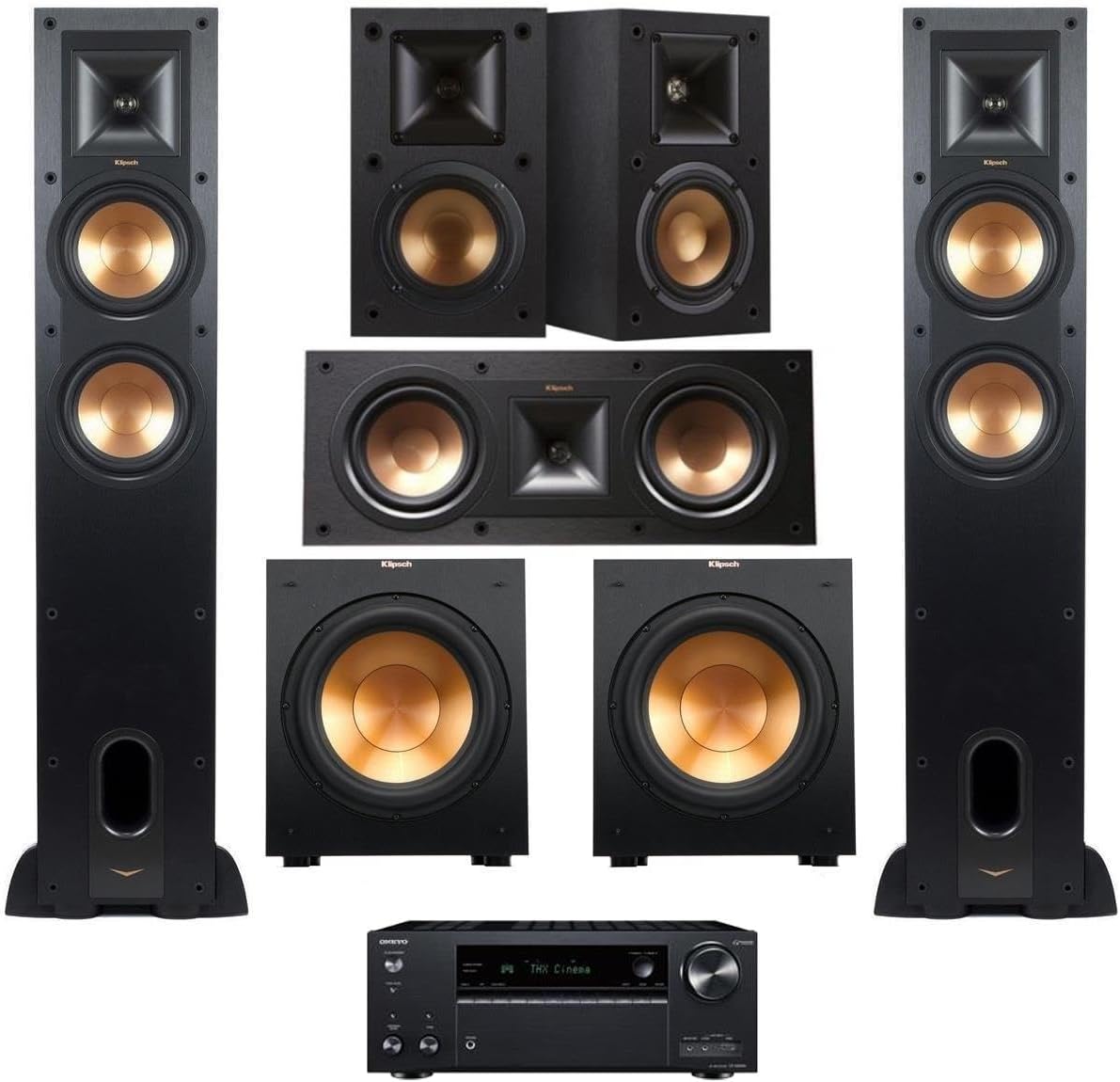 Klipsch Reference 5.2 Home Theater System With Receiver Bundle with 2X Floorstanding Speaker, Center Channel Speaker, 2X Bookshelf Speaker, 2X Subwoofer, TX-NR797 9.2-Center Channel Receiver