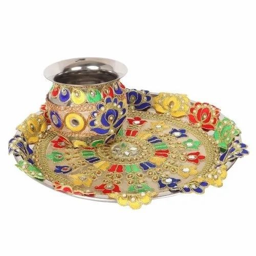 Pooja Thali Set - Stainless Steel, Round Design with Multi Color | Water Resistant, Light Weight, Non Toxic, Scratch Resistant, Polished Finish