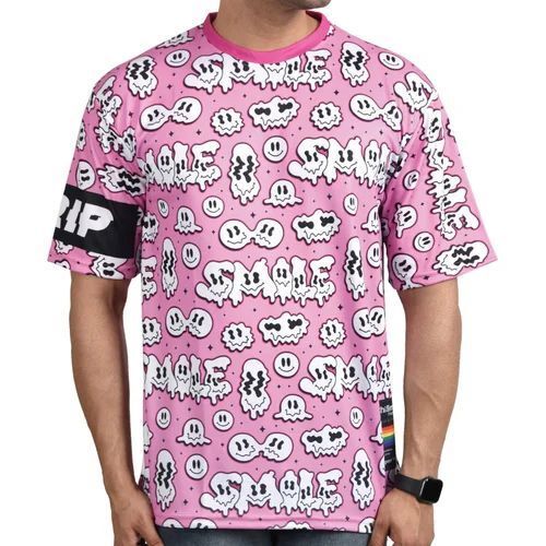 Oversized Printed T Shirt - Premium Soft Spandex, Pink And White , Casual Style With Bold Graphics And Breathable Lightweight Comfort